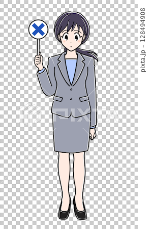 An office lady in a suit holding a badge 128494908