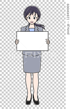 An office lady in a suit standing with a flip board An office lady in a suit standing with a flip board 128494909