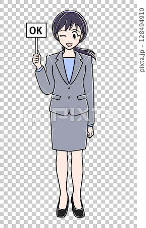 An office lady in a suit holding an OK sign 128494910