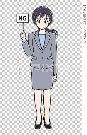 An office lady in a suit holding a "NG" sign 128494911