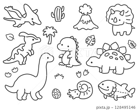 かわいい恐竜イラストセット、黒い画線 128495146