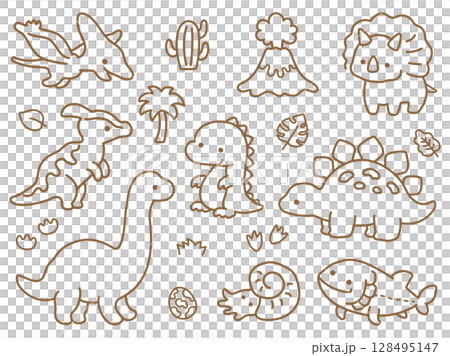 Cute dinosaur illustration set, brown line drawing 128495147