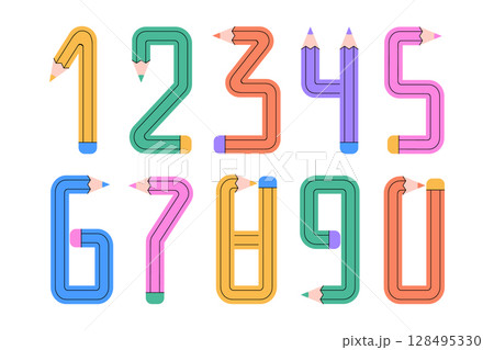 Set of numbers formed by colorful pencils on a white background. Set of numbers formed by colorful pencils on a white background. 128495330