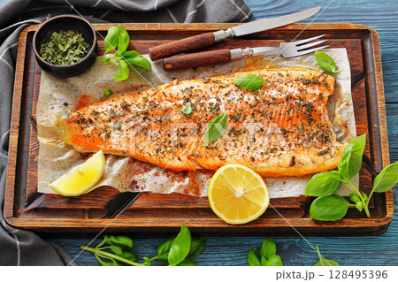 grilled salmon fillets with skin-on, top view 128495396