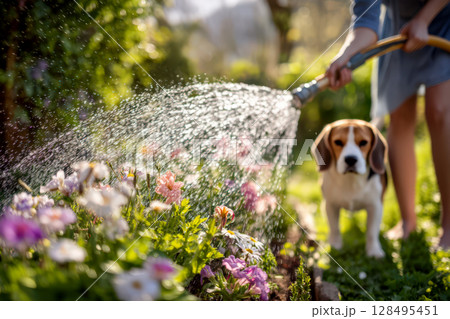 ビーグル犬と芝生の庭の花 128495451