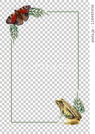 Watercolor vertical frame with frog, butterfly and leaves on white background Watercolor vertical frame with frog, butterfly and leaves on white background 128495456