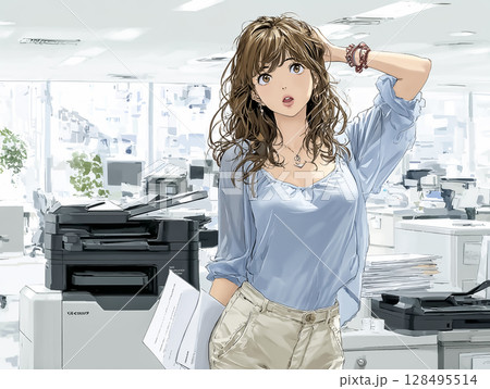 ピンターが壊れて困るビジネスウーマンのイラスト素材 128495514