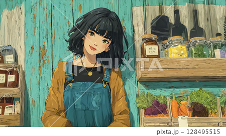 八百屋で野菜を販売する女性のイラスト素材 128495515
