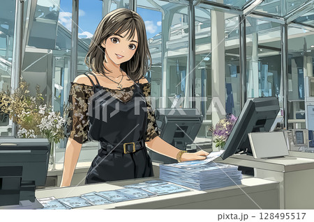 チケットを販売する女性のイラスト素材 128495517