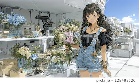 フラワーショップでブーケを作る女性店員のイラスト素材 128495520