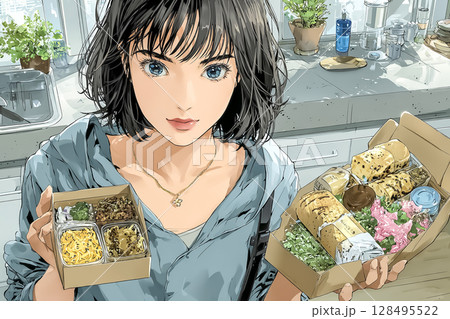 お弁当を作る女性のイラスト素材 128495522