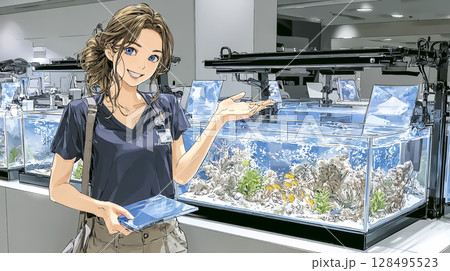 水族館で熱帯魚の説明をする職員のイラスト素材 128495523