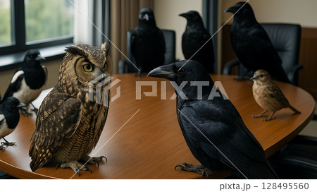 フクロウの雑談!?“クロウ”話についカラ返事になるカラスの一日 128495560