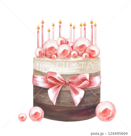 The birthday cake with pink decor, lighted candles and a ribbon is hand-drawn. The watercolor illustration is isolated on a white background. A template for postcards and invitations. 128495604