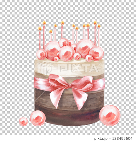 The birthday cake with pink decor, lighted candles and a ribbon is hand-drawn. The watercolor illustration is isolated on a white background. A template for postcards and invitations. The birthday cake with pink decor, lighted candles and a ribbon is hand-drawn. The watercolor illustration is isolated on a white background. A template for postcards and invitations. 128495604