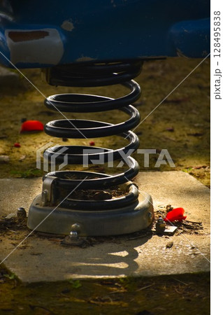 遊具の側に落ちるデイゴの花ビラ 128495838