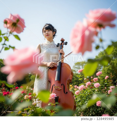 満開の薔薇園で白いチャイナドレスを着てチェロを演奏する女性　美女　可憐　清楚 128495985