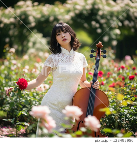 満開の薔薇園で白いチャイナドレスを着てチェロを演奏する女性　美女　可憐　清楚 128495986