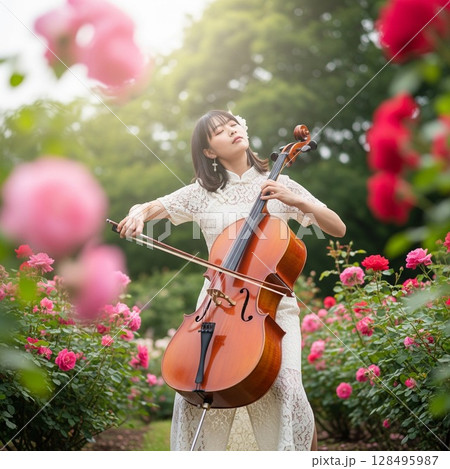 満開の薔薇園で白いチャイナドレスを着てチェロを演奏する女性　美女　可憐　清楚 128495987