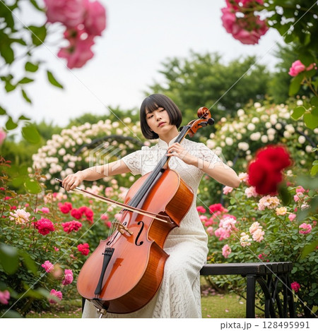 満開の薔薇園で白いチャイナドレスを着てチェロを演奏する女性　美女　可憐　清楚 128495991