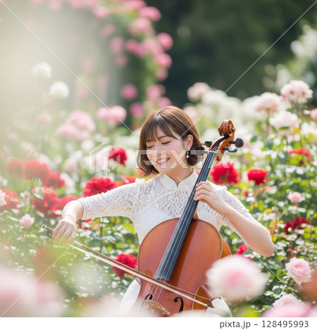 満開の薔薇園で白いチャイナドレスを着てチェロを演奏する女性　美女　可憐　清楚 128495993