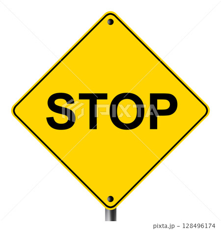Stop caution hazard symbol on yellow road sign 128496174