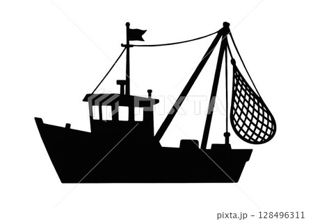 漁に出る船のシルエット 漁に出る船のシルエット 128496311