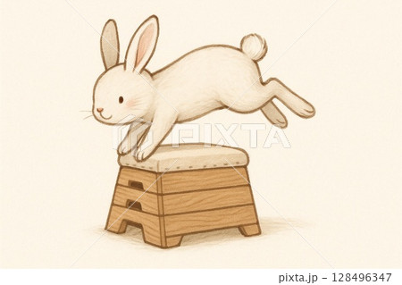跳び箱をジャンプするかわいいウサギ 跳び箱をジャンプするかわいいウサギ 128496347