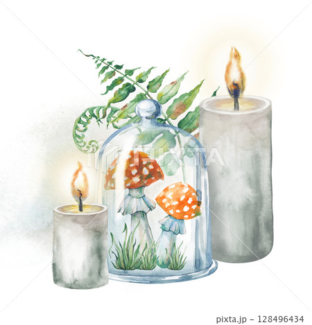 A composition with fly agarics under a glass dome, lighted candles and fern leaves on a background of gray watercolor spots. Watercolor illustration on a white background. Witchcraft. Halloween. Magic 128496434