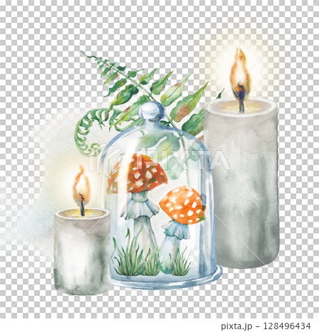A composition with fly agarics under a glass dome, lighted candles and fern leaves on a background of gray watercolor spots. Watercolor illustration on a white background. Witchcraft. Halloween. Magic 128496434