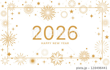 2026 New Year greeting card, gold fireworks background 128496441