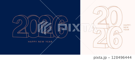2026 3D number card set, New Year line art logo poster 128496444
