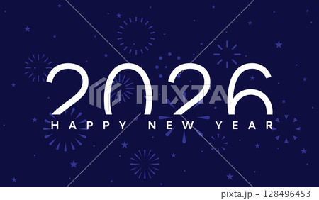 Happy New Year 2026 greeting card, blue fireworks background Happy New Year 2026 greeting card, blue fireworks background 128496453