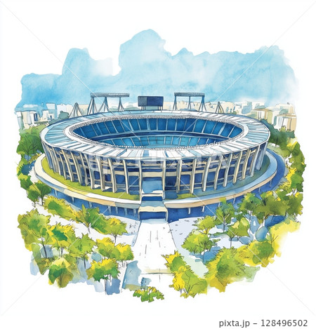Maracana Stadium. Maracana Stadium hand drawn watercolor illustration Maracana Stadium. Maracana Stadium hand drawn watercolor illustration 128496502