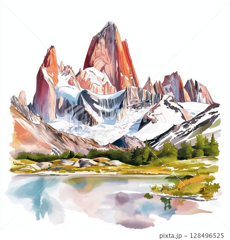 Mount Fitz Roy. Mount Fitz Roy hand drawn watercolor illustration 128496525