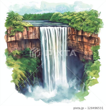 Orinduik Falls. Orinduik Falls hand drawn watercolor illustration 128496531