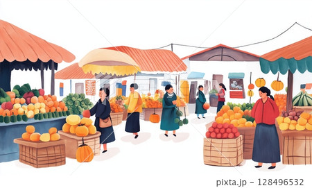 Otavalo Market. Otavalo Market hand drawn watercolor illustration 128496532