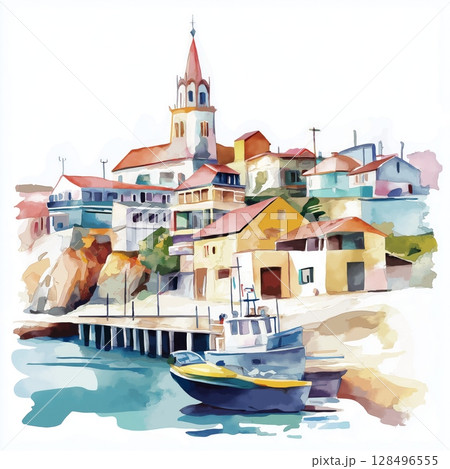 Puerto Madryn. Puerto Madryn hand drawn watercolor illustration 128496555