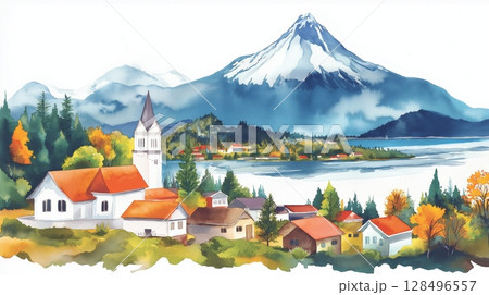 Puerto Varas. Puerto Varas hand drawn watercolor illustration 128496557