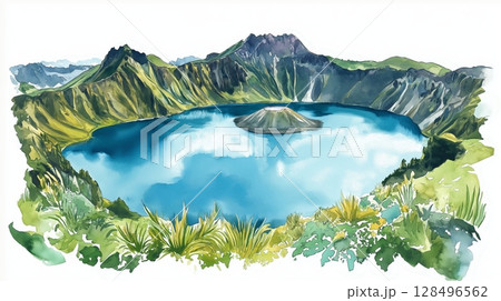 Quilotoa Crater Lake. Quilotoa Crater Lake hand drawn watercolor illustration 128496562