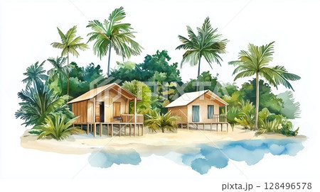 Saint-Laurent-du-Maroni Camp. Saint-Laurent-du-Maroni Camp hand drawn watercolor illustration 128496578