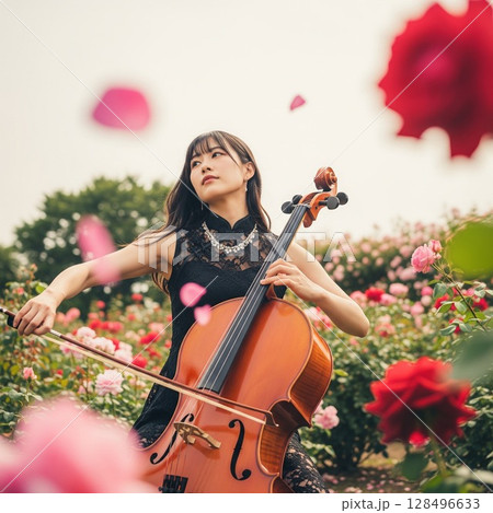 赤い薔薇に囲まれチェロを構える情熱的な女性 シックな黒いチャイナドレスの女性 赤い薔薇に囲まれチェロを構える情熱的な女性 シックな黒いチャイナドレスの女性 128496633