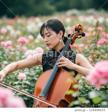 赤い薔薇に囲まれチェロを構える情熱的な女性 シックな黒いチャイナドレスの女性 128496635