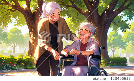 車椅子に乗るシニアと介護士 128496638