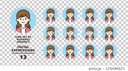 Simple icon set of various facial expressions of young women_Circular_Vector_Color 128496825
