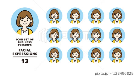 カジュアルな服装の若い女性の、様々な表情アイコン素材セット＿円形＿ベクター＿カラー 128496829