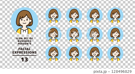 穿著休閒服的年輕女性的各種面部表情圖示集_Circular_Vector_Color 128496829