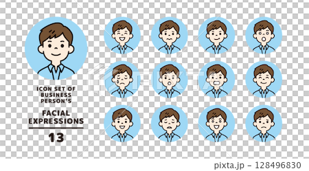 佩戴員工身分證的年輕男子的各種面部表情圖示集_圓形_向量_顏色 128496830