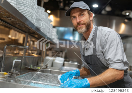 Man in apron and gloves washing dishes in a restaurant kitchen 128496848
