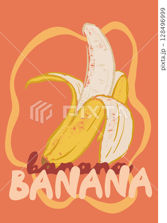 Vector tropical fruit poster of banana. Hand-drawn garden harvest sketch. Tasty food illustration for restaurant and cafe interior, fruit market drawing print, fabric or background. 128496999